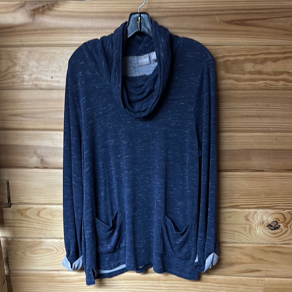 Chico's Women's Cozy Navy Gray Heathered Cowl Neck Sweater Size 2